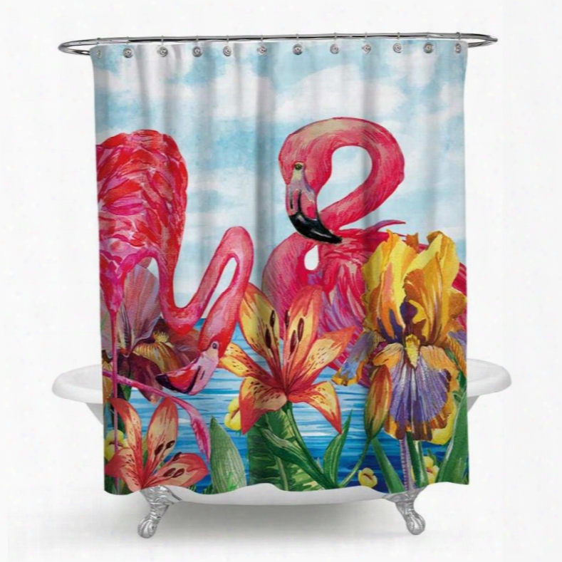 3d Waterproof Flamingos And Red Lilies Printed Polyester Shower Curtain