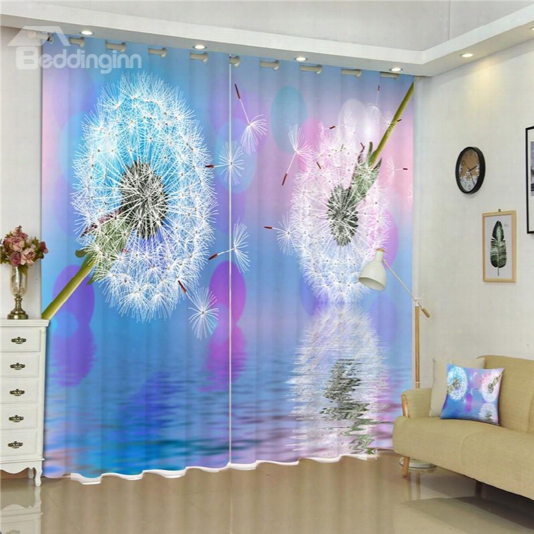 3d White Dand Elions And Light Blue Background Printed 2 Panels Curtain