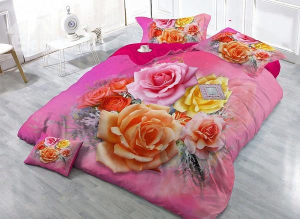 Amazing Fresh Rose Print 4-piece High Density Satin Drill Duvet Cover Sets