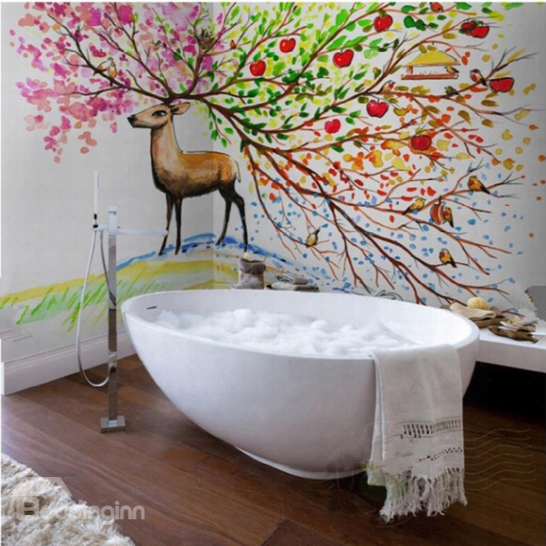 American Country Style Colorful Sika Deer Pattern Waterproof 3d Bathroom Wall Murals