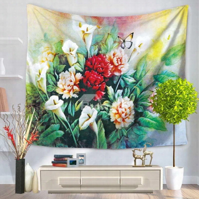 Artful Flowers Ikebana And Butterfly Pattern Decorative Hanging Wall Tapestry