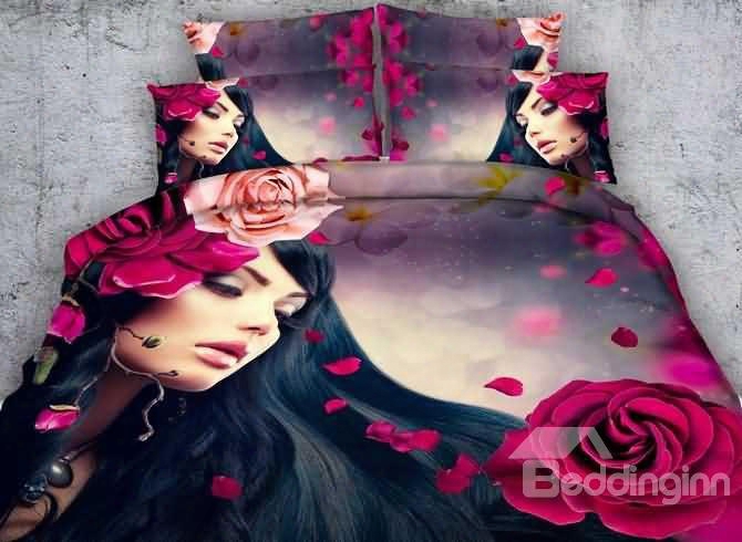 Beautiful Long-haired Girl And Rose Print 5-piece Comfoorter Sets