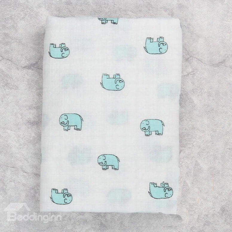 Blue Elephants Printed Bamboo Fiber 2-layer White Baby Swaddle Blanket