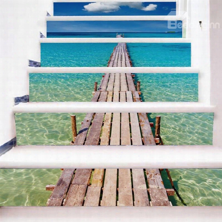 Blue Sea Over Wooden Path 6-piece Pvc 3d Waterproof Stair Murals