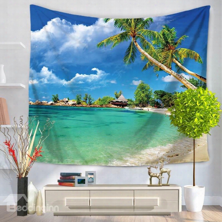 Blue Sky Seaside Ocean Palm Trees Festival Pattern Decorative Hanging Wall Tapestry