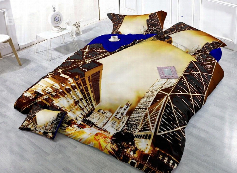 Brilliant City In Night Print 4-piece Cotton Duvet Cover Sets