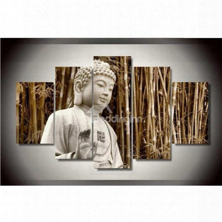 Buddha Sitting In Bamboo Forest Pattern Hanging 5-piece Canvas Eco-friendly Waterproof Non-framed Prints