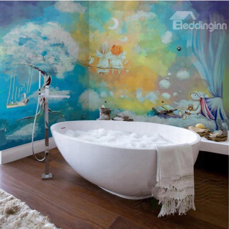 Cartoon Cute Two Lovely Angels Pattern Waterproof 3d Bathroom Wall Murals
