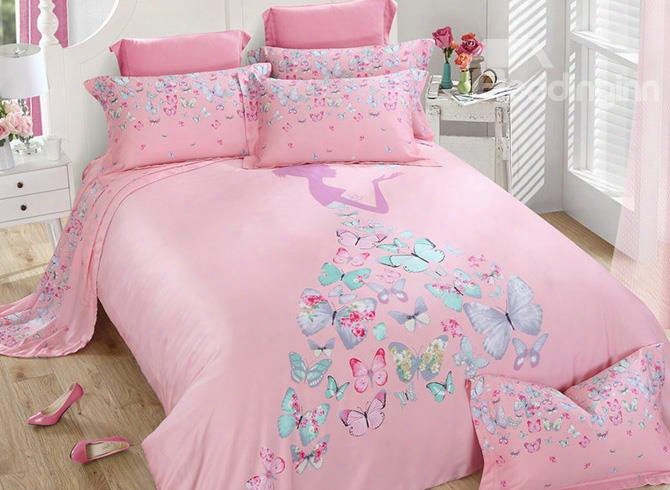 Chic Butterfly Girl Print Pink 4-piece Tencel Bedding Sets