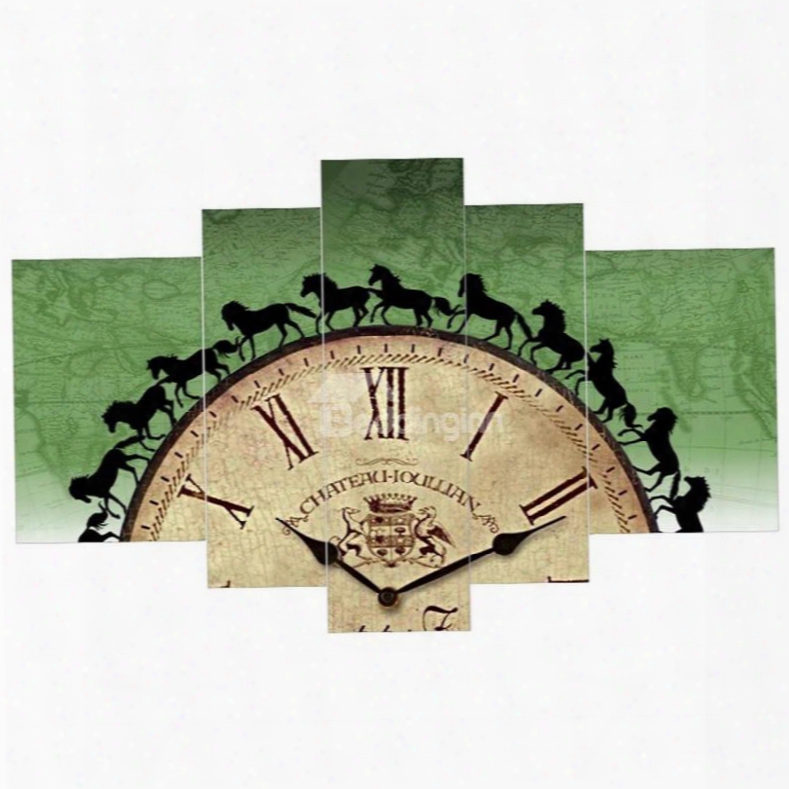 Clock Pattern Hanging 5-piece Canvas Eco-friendly And Waterproof Green Non-framed Prints