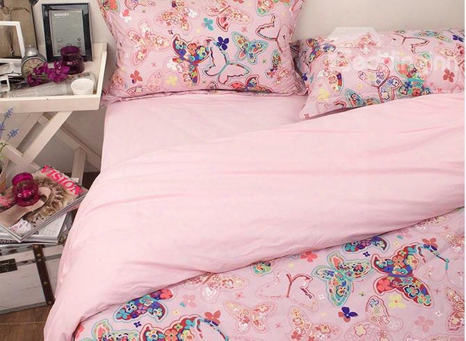 Colorful Butterflies Pattern Princess Style Pink Cotton 4-piece Beddin Sets/duvet Cover