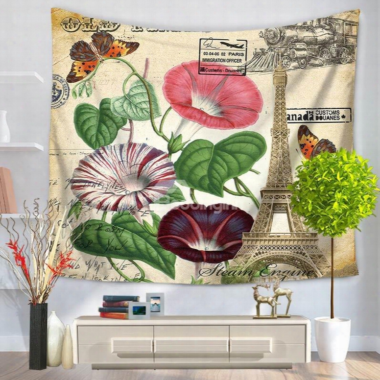 Colorful Morning Glory And Butterflies Eiffel Tower Decorative Hanging Wall Tapestry