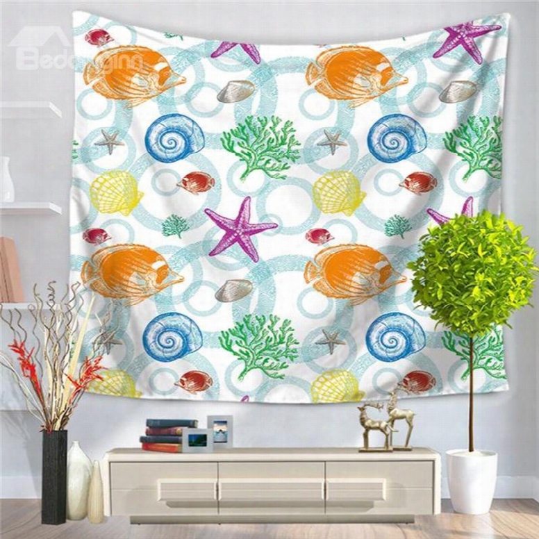Colorful Sea Fish Coral Shell Pattern Decorative Hanging Wall Tapestry