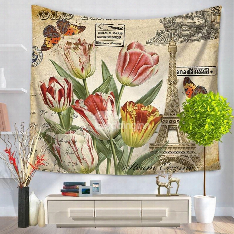 Colorful Tulip And Butterflies Eiffel Towwer Decorative Hanging Wall Tapestry