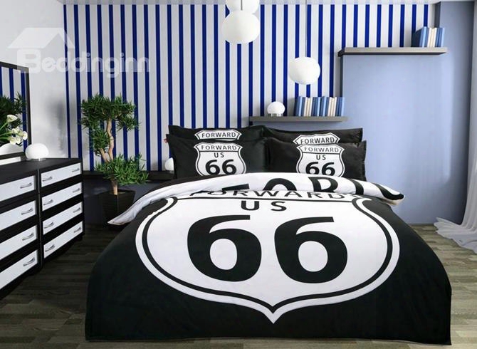 Cool Black Route 66 Print 4-piece Polyester Duvet Cover Sets