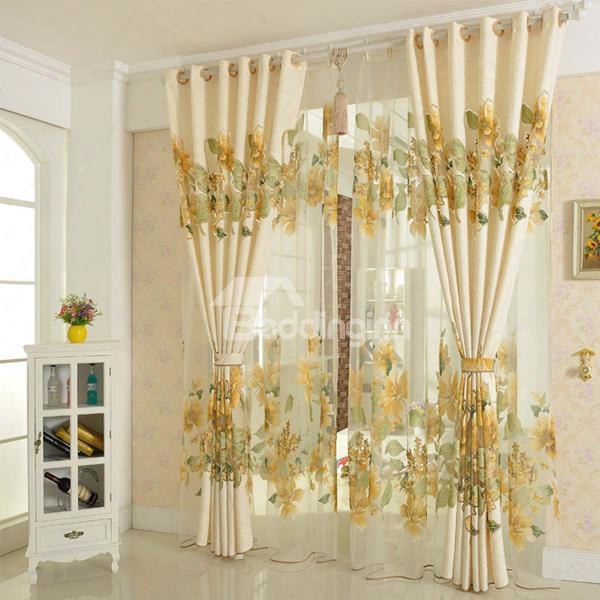 Country Style Hollow Jacquard Golden Flowers Shading Cloth & Sheer Set