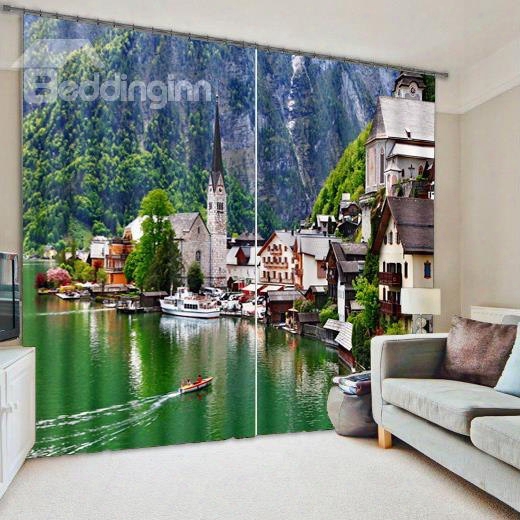 Countryside In Lakeside Printed Energy Saving 3d Blackout And Decorative Curtain