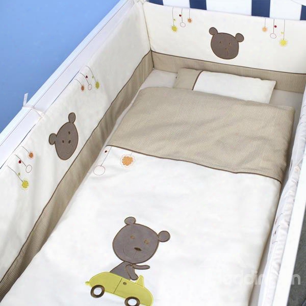 Cute Bear Driving Car Cotton 9-piece Baby Crib Bedding Set