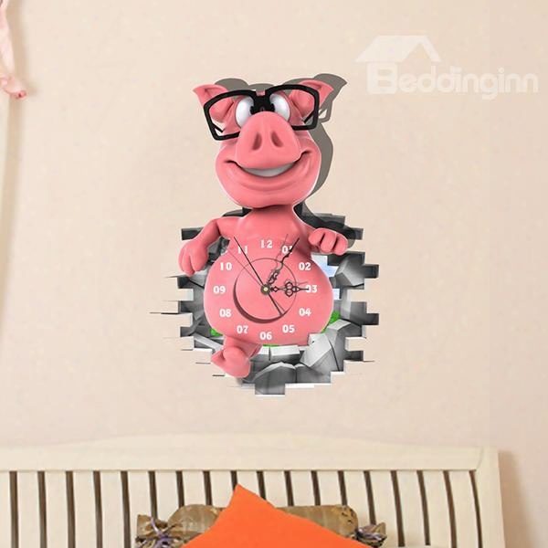 Cute Piglet With Glasses 3d Sticker Wall Clock