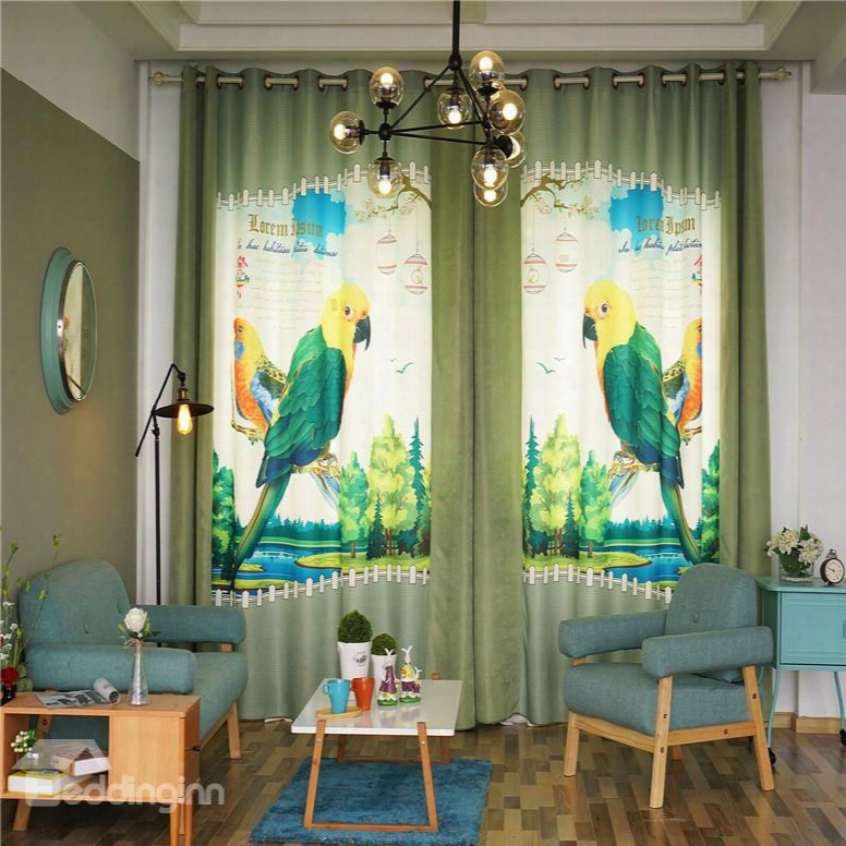 Decorative Blending Digittal Printing Symmetrical Parrots Country Style Grommet Top Curtain