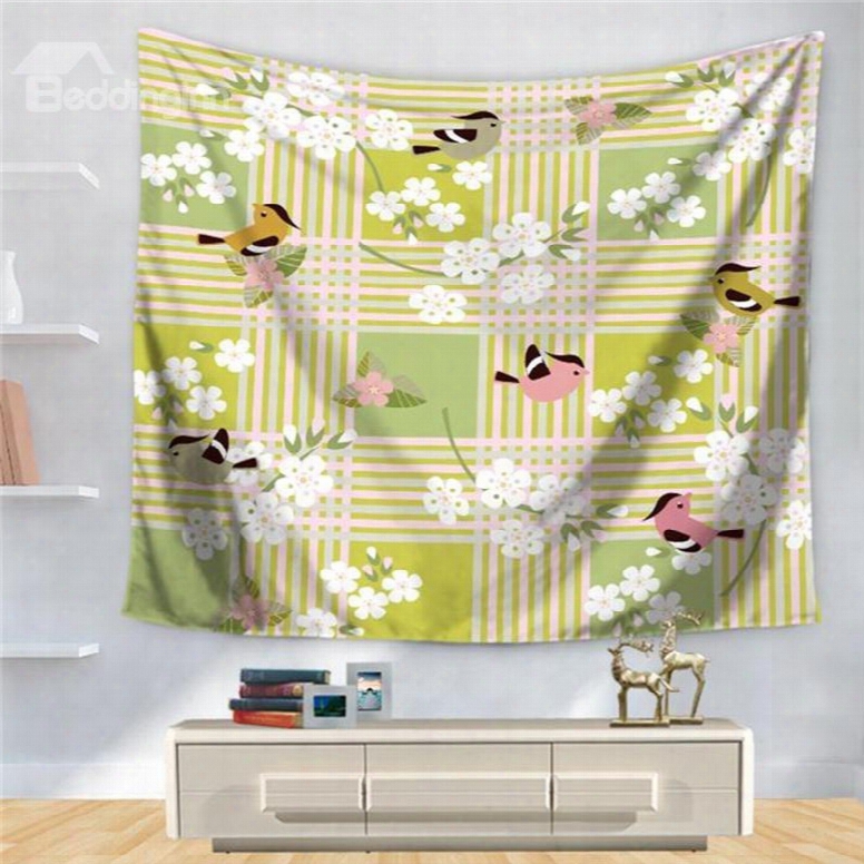 Dreamlike Peach Blossom Birds Stripes Pattern Decorative Hanging Wall Tapestry