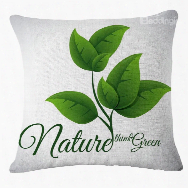 Emerald Green Leaves Patterh White Linen Throw Pillow