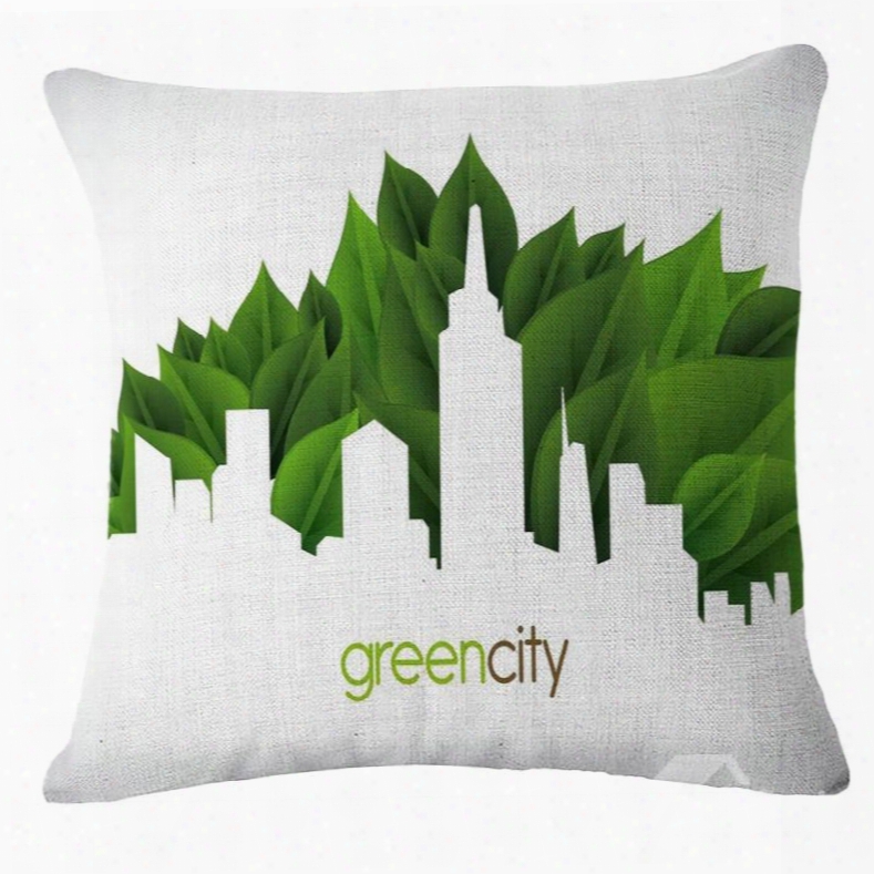 Emerald Trees Green City Pattern White Linen Throw Pillow