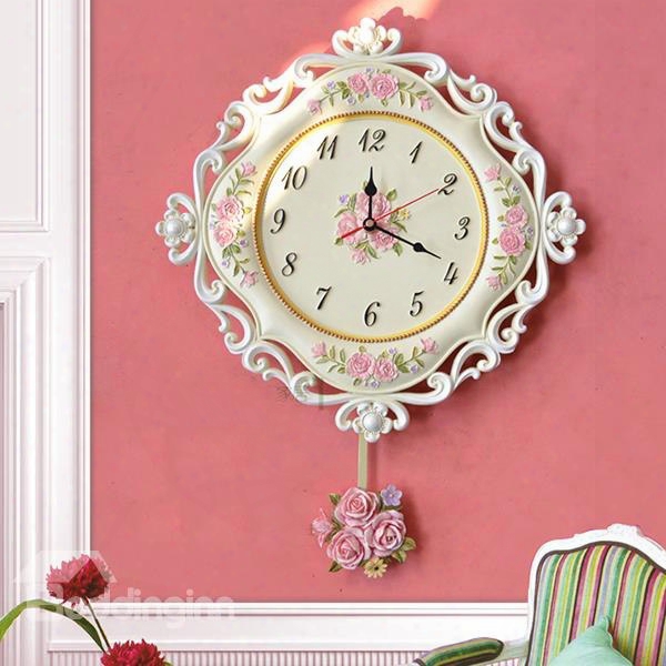 European Pastoral Decorative Flower Pattern Pendulum Resin Mute Wall Clock