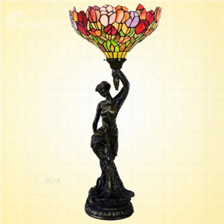 European Retro Tiffany Lamp The Statue Of Liberty With Red Rose Bedroom Night Light