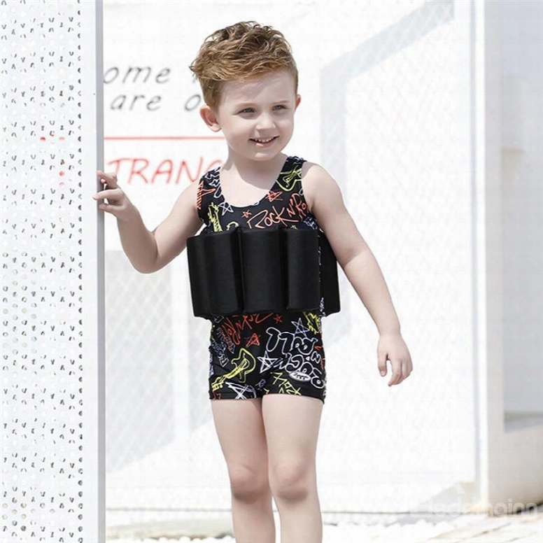 Float Letters Printed Polyester And Chinlon Fabrics Black Boys One Piece Swimsuit