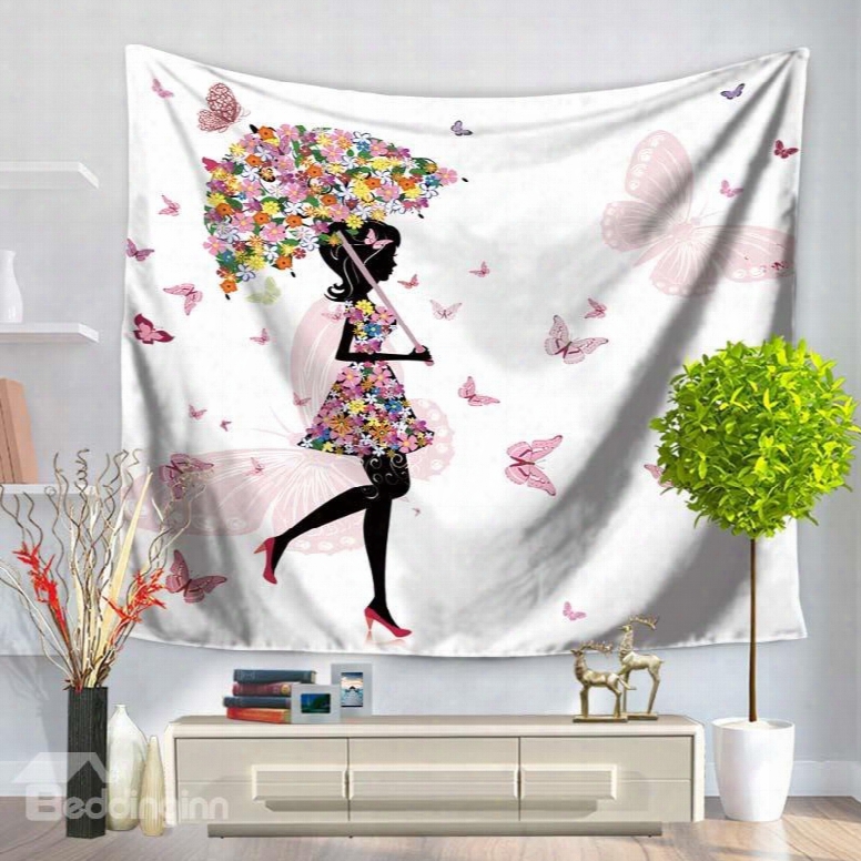 Floral Butterfly Girl With Umbrella Decorative Hanging Wall Tapestry