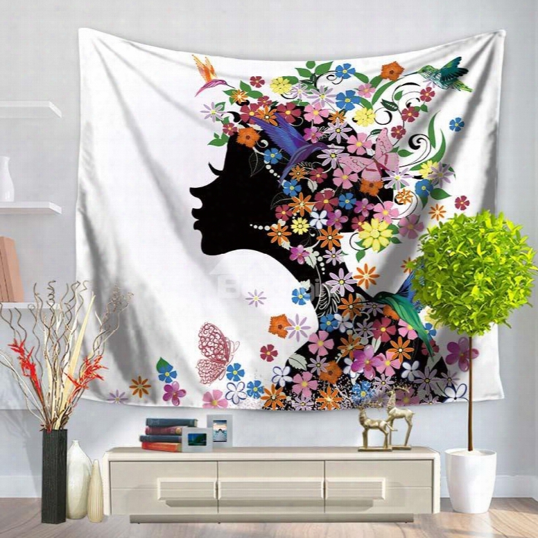 Floral Dressing Hair Girls Kissing Left And Butterflies Pattern Decorative Hanging Wall Tapestry