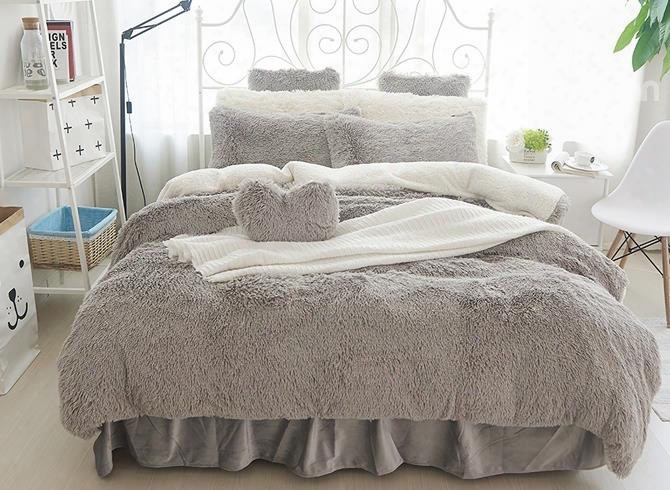 Fluffy Solid Gray And White Color Blocking 4-bedding Sets/duvet Cover