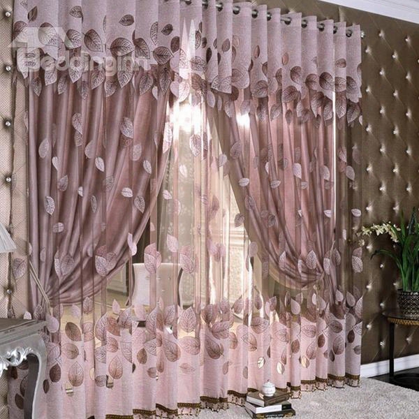 Gilding Jacquard Leaf Pattern Purple Sheer And Lined Living Room Curtain Sets