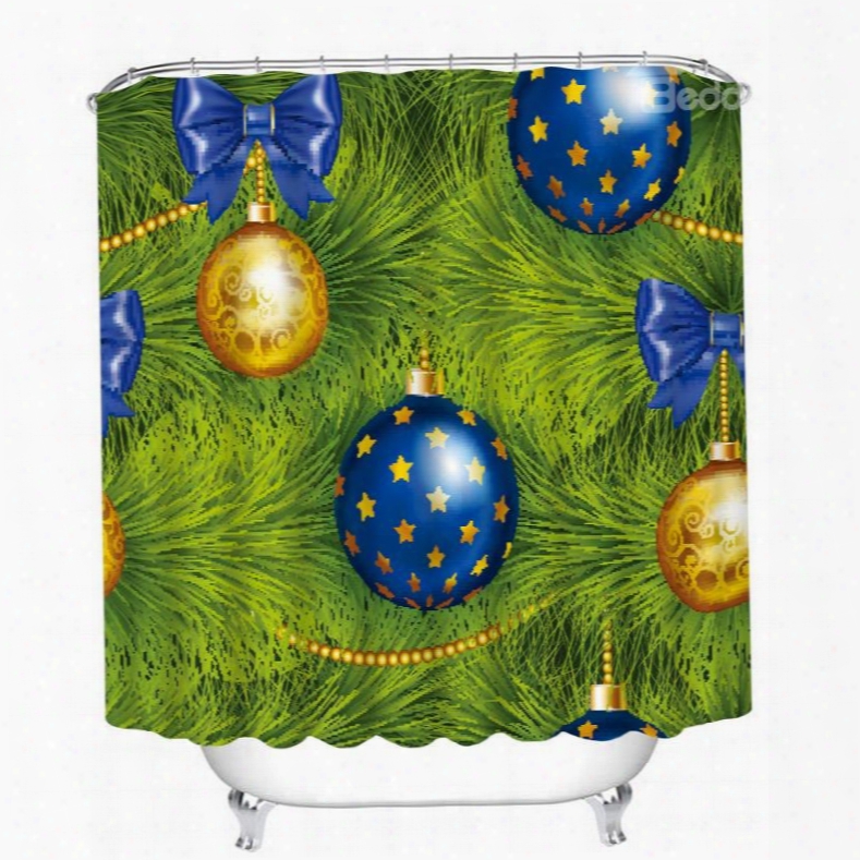 Golden And Blue Christmas Balls On The Tree Printing Bathroom 3d Shower Curtain