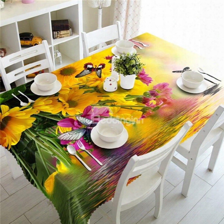 Golden Sunflowers And Butterflies 3d Natural Beauty Home And Party Tablecloth Cover