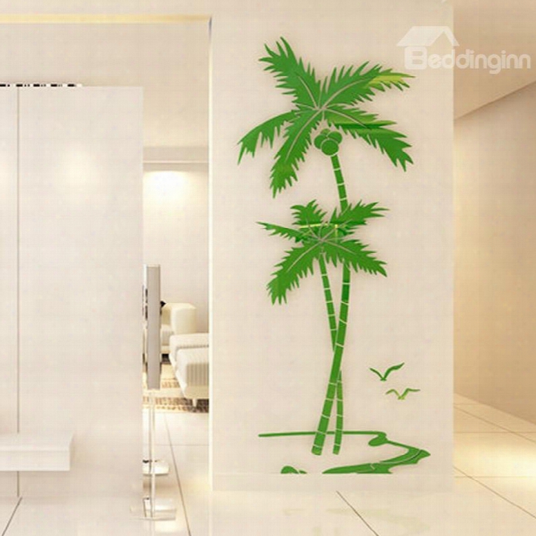 Green Coconut Palm Acrylic Mirror Waterproof And Eco-friendly 3d Wall Stickers