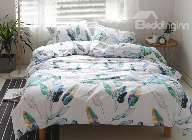 Green Leaves Fresh Style White Cootton 4-piece Bedding Sets/duvet Cover