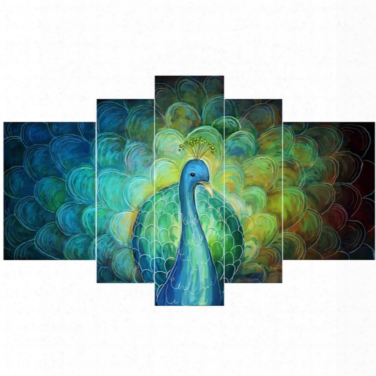 Green Peacock Pattern Hanging 5-piece Canvas Eco-friendly And Waterproof Non-framed Prints
