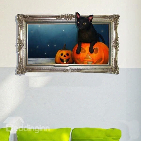 Halloween Black Cat And Pumpkin Head 3d Wall Sticker