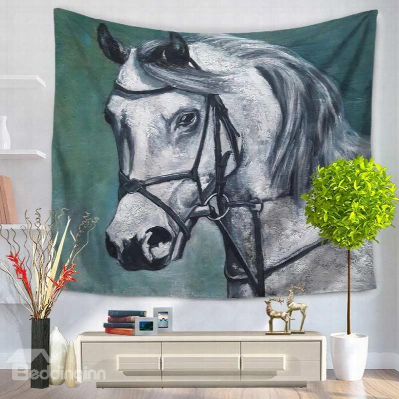 Handsome White Horse Pattern Green Decorative Hanging Wall Tapestry