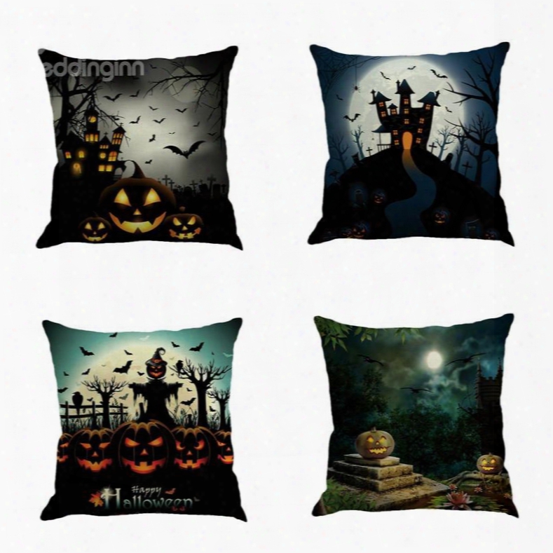 Happy Halloween Buildings And Bat Sqjare Linen Decorative Throw Pillows