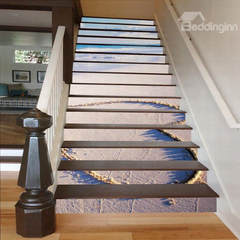 Heart Shape Drawn On The Beach 3d Waterproof Stair Murals