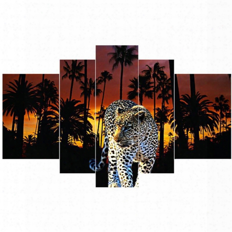 Leopard Under Trees Pattern Hanging 5-piece Canvas Eco-friendly And Waterproof Non-framed Prints