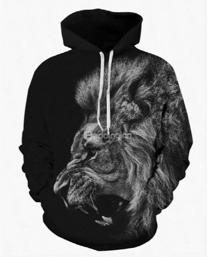 Long Sleeve Hoodie 3d Pattern Grey Lion Face Roar Black