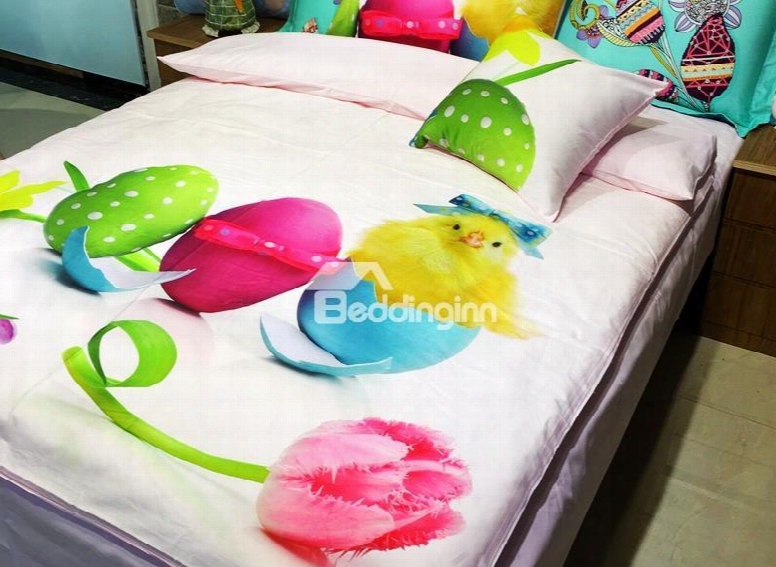 Lovely Baby Chicken And Colored Eggs Print 3-piece Kids Cotton Duvet Cover Sets