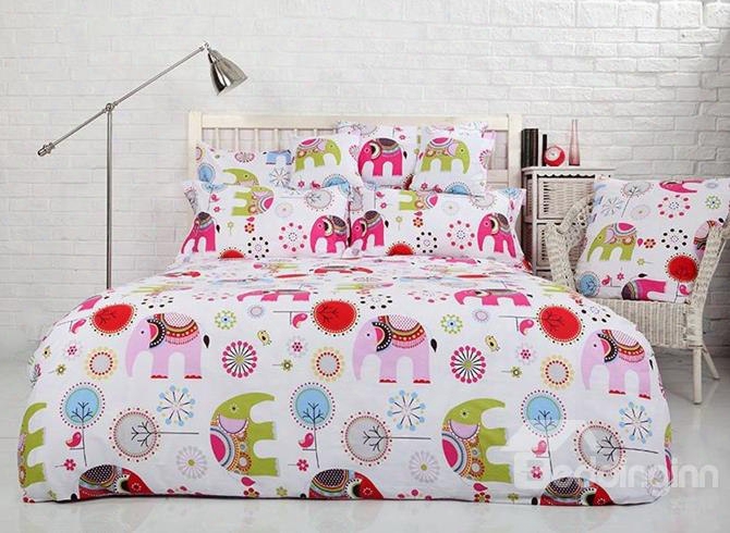 Lovely Pink Elephant Print 4-piece Cotton Duvet Cover Sets