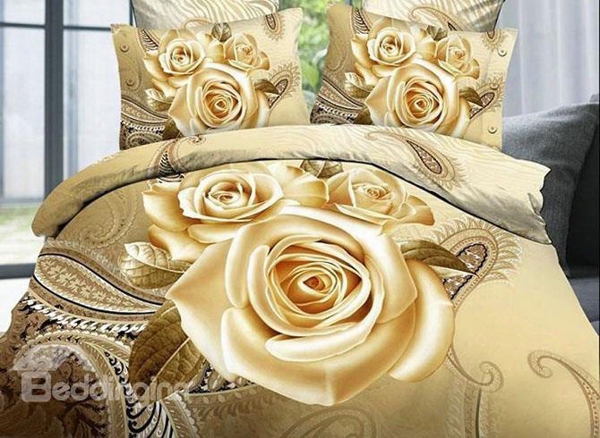 Luxury Golden Rose Printing 4-piece Duvet Coer Sets