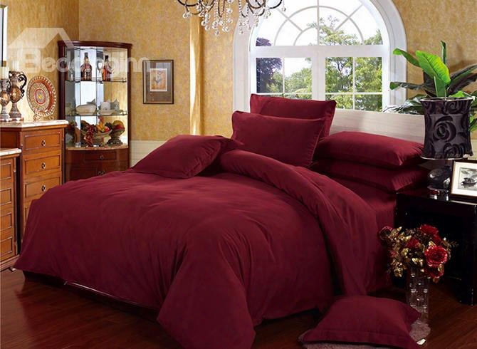 Dainty Solid Wine Red Classy 4-piece Cotton Duvet Cover Sets