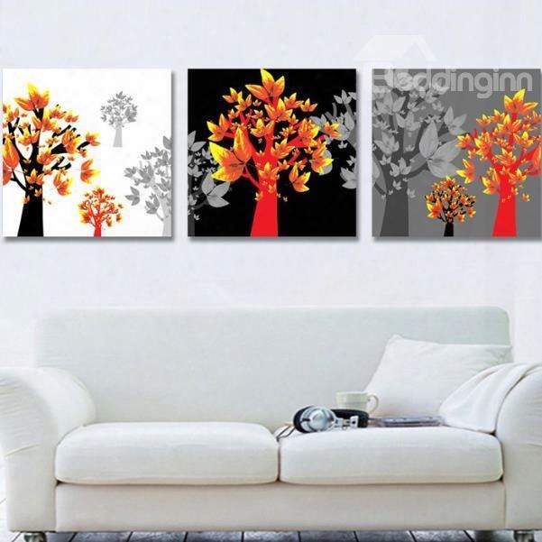New Arrival Beautiful Black Trees And Golden Leaves Print 3-piece Cross Film Wall Art Prints